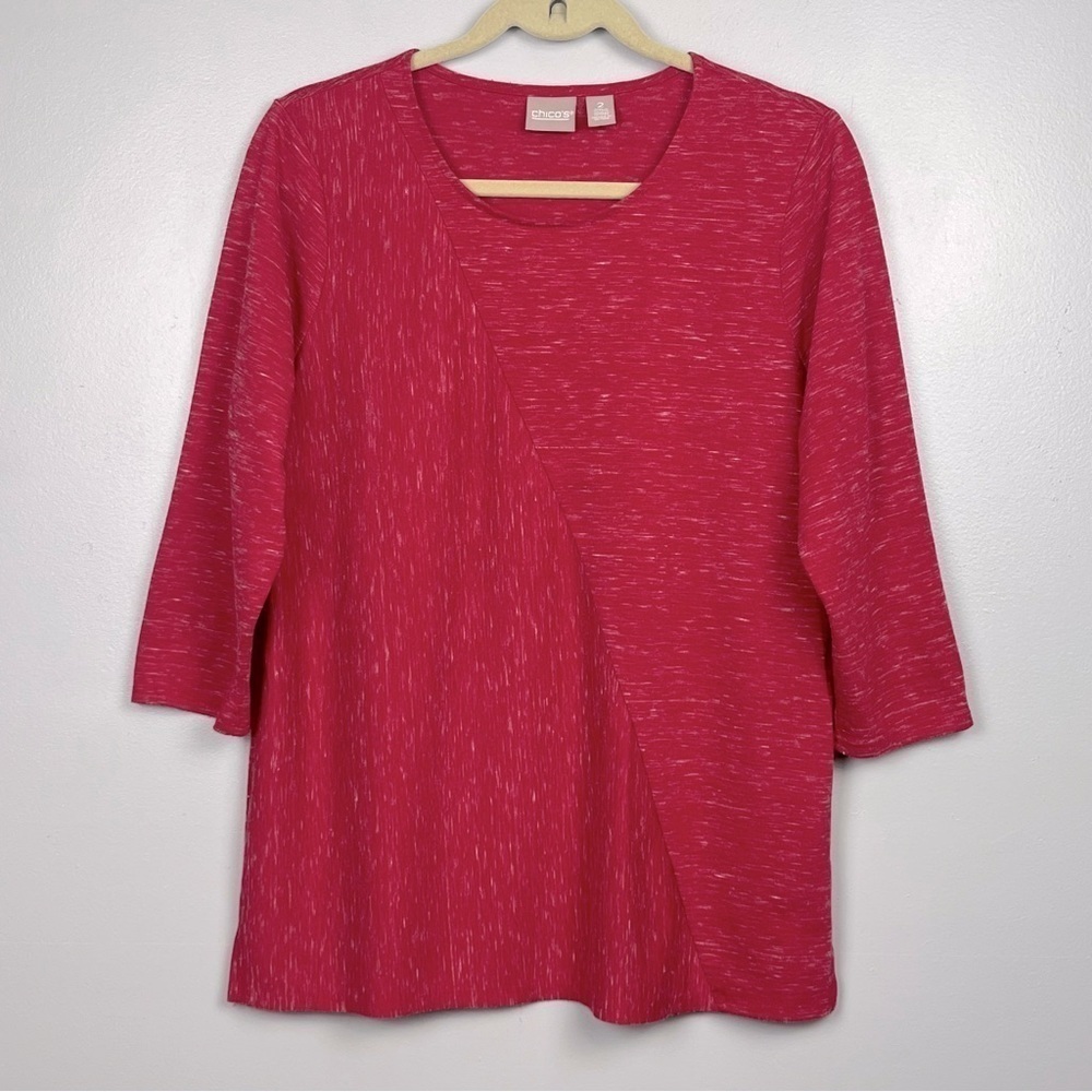 Chico’s berry pink space dye 3/4 sleeve top, size 2 = large.